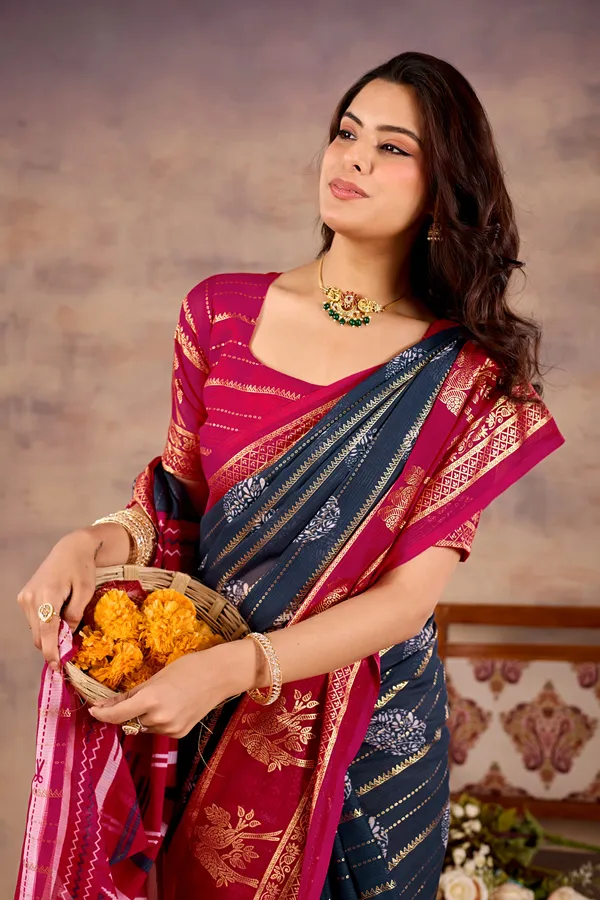 Multicolour_(Magenta_And_Navy)_Pure_Georgette_Saree_For_Women