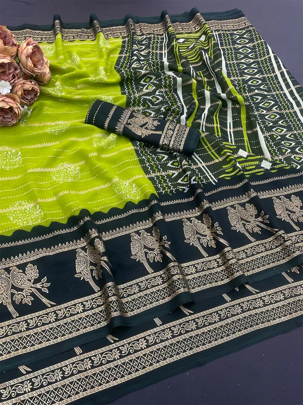 Lime_Green_With_Black_Pure_Georgette_Saree_For_Women