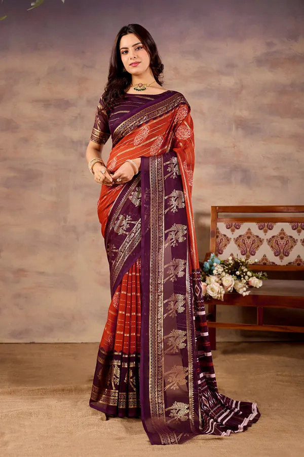 Purple_And_Orange_Pure_Georgette_Saree_For_Women