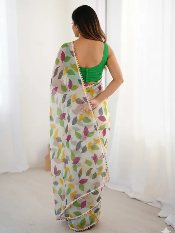 White_Multicolour_Pure_Chiffon_Saree_For_Women
