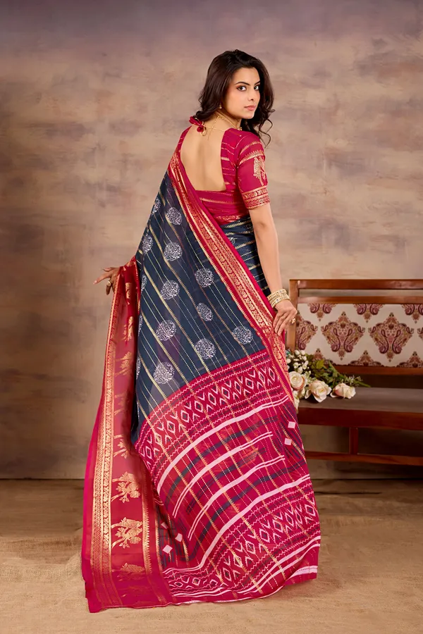 Multicolour_(Magenta_And_Navy)_Pure_Georgette_Saree_For_Women
