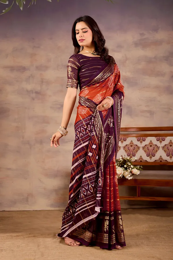 Purple_And_Orange_Pure_Georgette_Saree_For_Women
