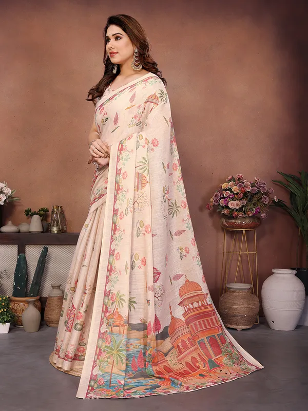 Cream_Silk_Blend_Saree_For_Women