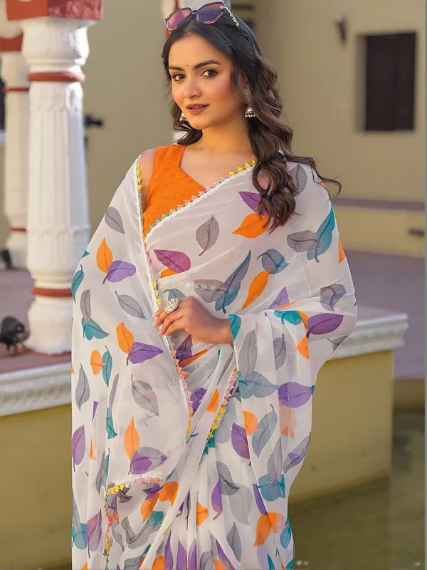 White_Multicolor_Pure_Chiffon_Saree_For_Women