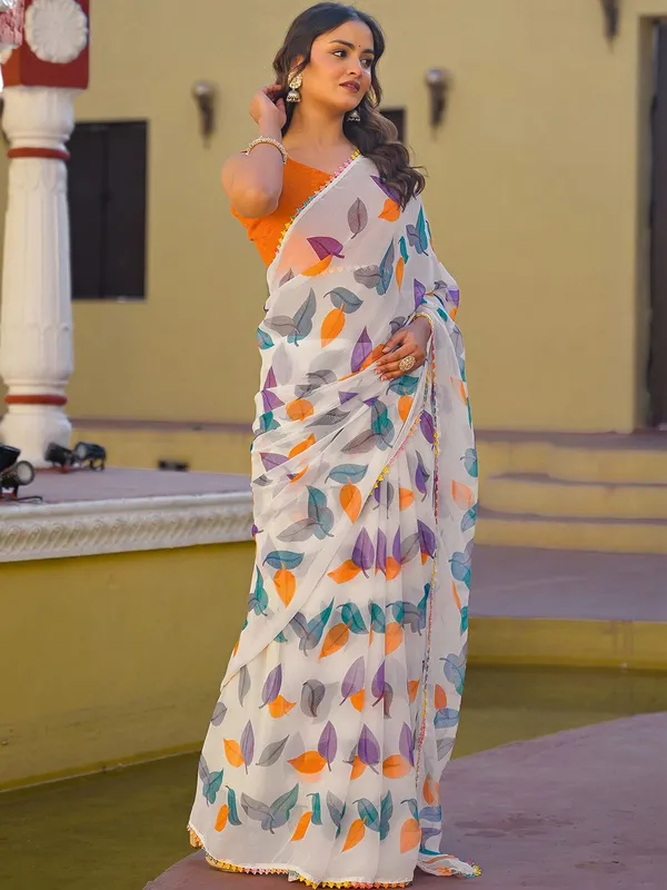 White_Multicolor_Pure_Chiffon_Saree_For_Women
