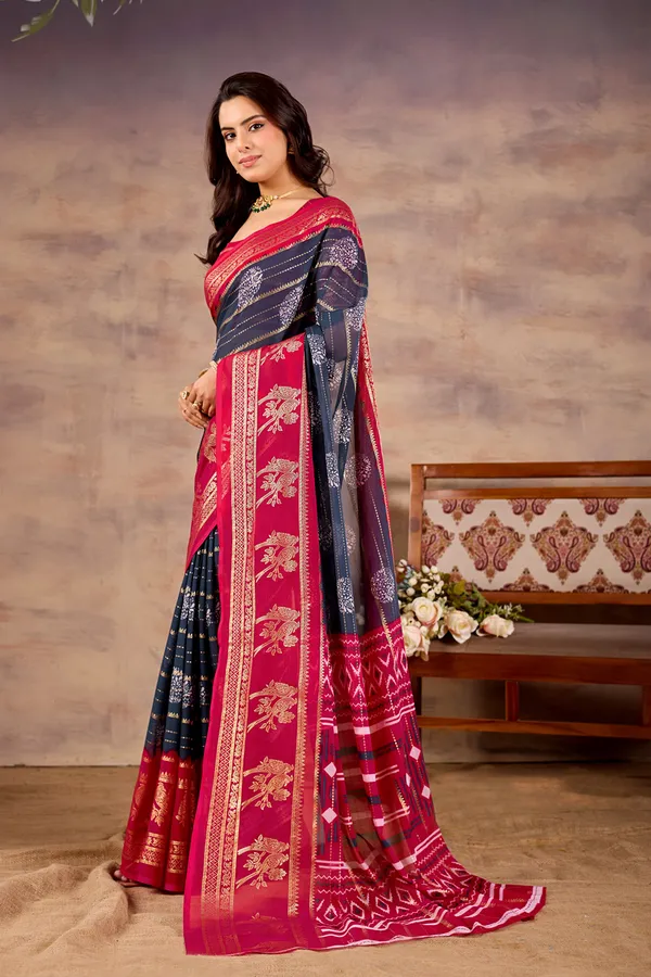 Multicolour_(Magenta_And_Navy)_Pure_Georgette_Saree_For_Women