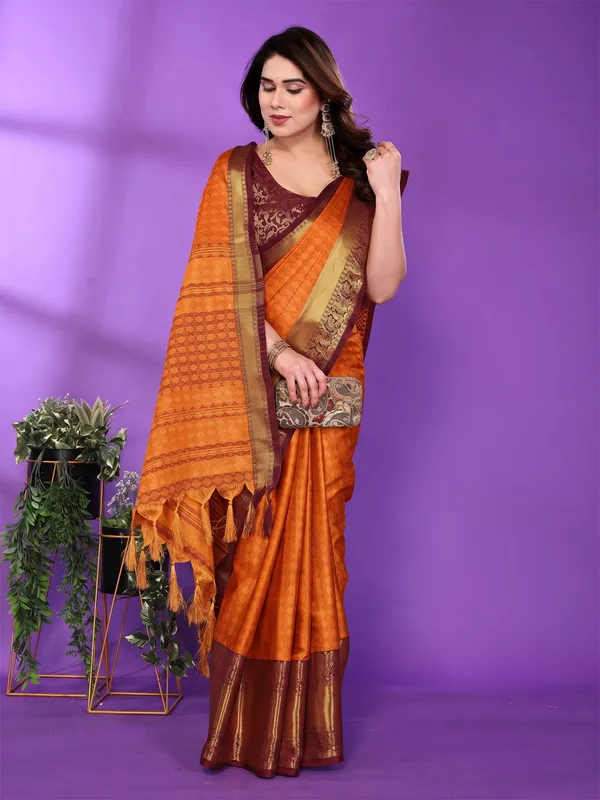 Orange_And_Brown_Silk_Cotton_Saree_For_Women