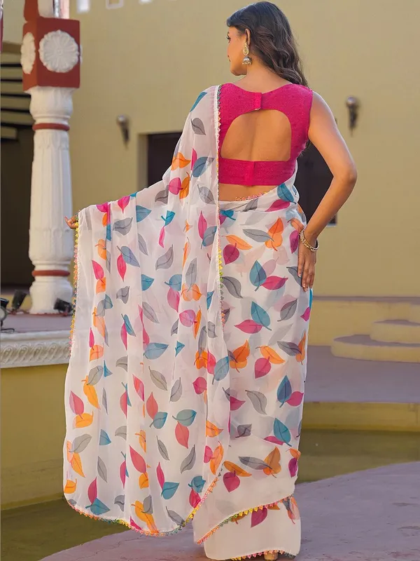 White_With_Multicolor_(Pink,_Orange,_Blue,_Grey)_Pure_Chiffon_Saree_For_Women