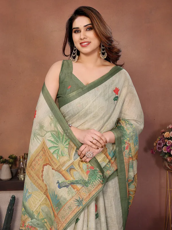 Beige_With_Green_Border_Silk_Blend_Saree_For_Women