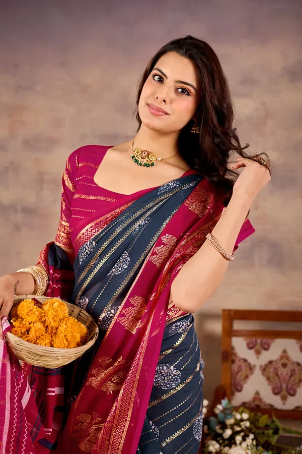 Multicolour_(Magenta_And_Navy)_Pure_Georgette_Saree_For_Women