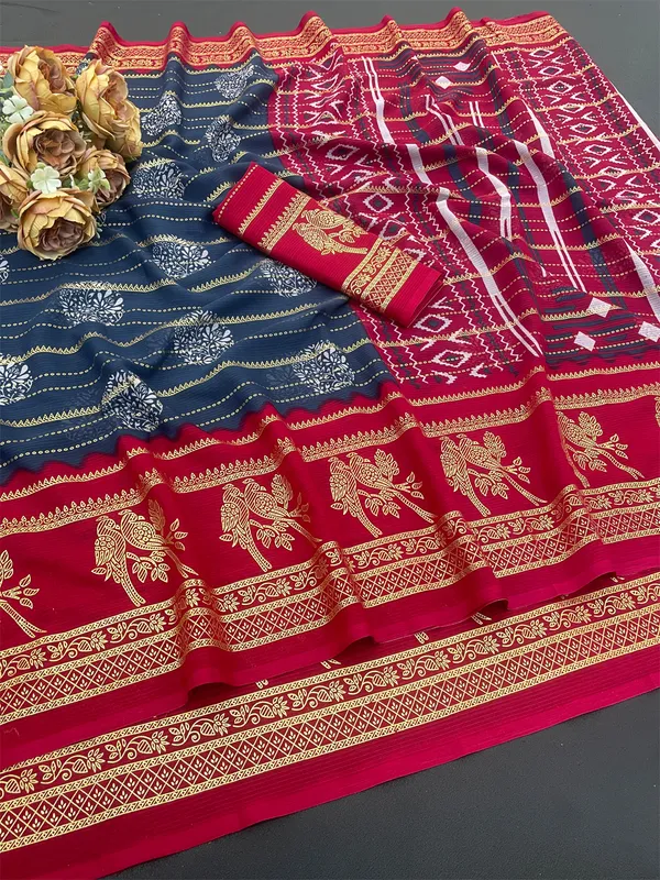 Multicolour_(Magenta_And_Navy)_Pure_Georgette_Saree_For_Women