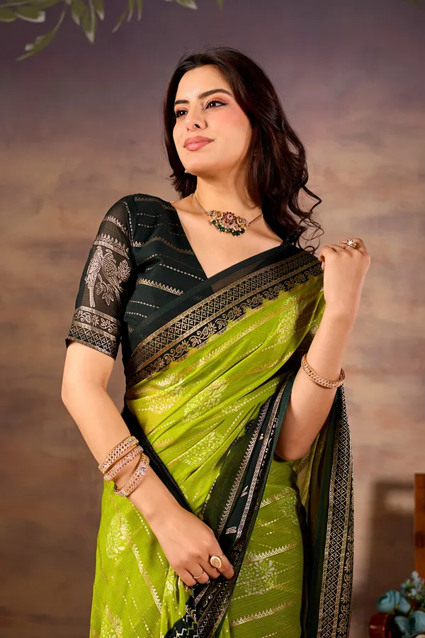 Lime_Green_With_Black_Pure_Georgette_Saree_For_Women