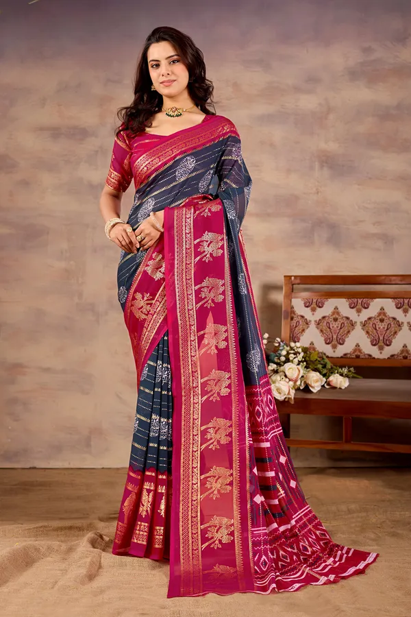 Multicolour_(Magenta_And_Navy)_Pure_Georgette_Saree_For_Women