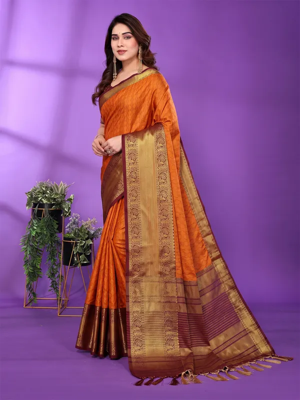 Orange_And_Brown_Silk_Cotton_Saree_For_Women