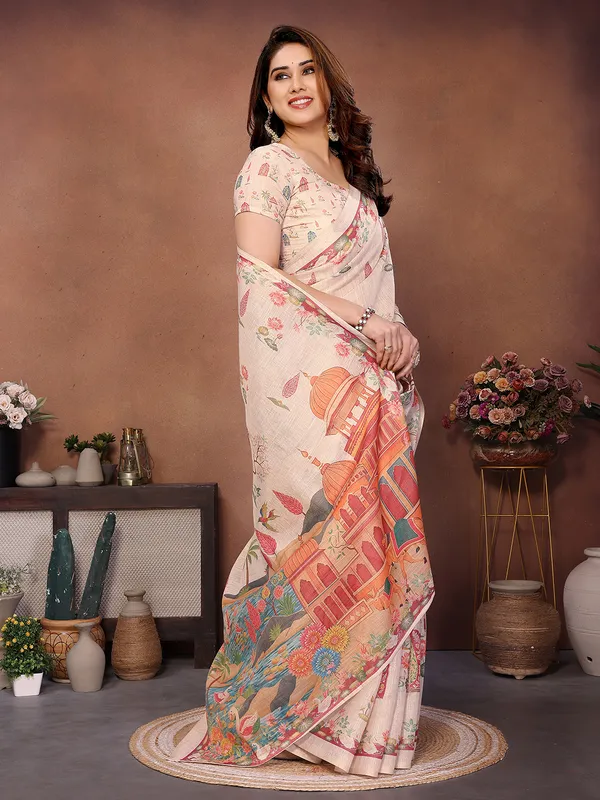 Cream_Silk_Blend_Saree_For_Women
