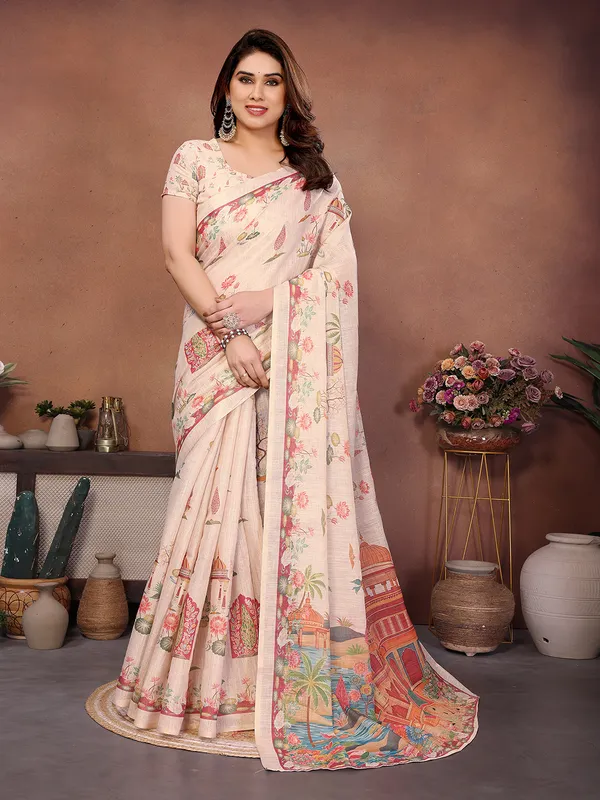 Cream_Silk_Blend_Saree_For_Women