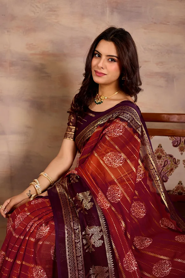 Purple_And_Orange_Pure_Georgette_Saree_For_Women