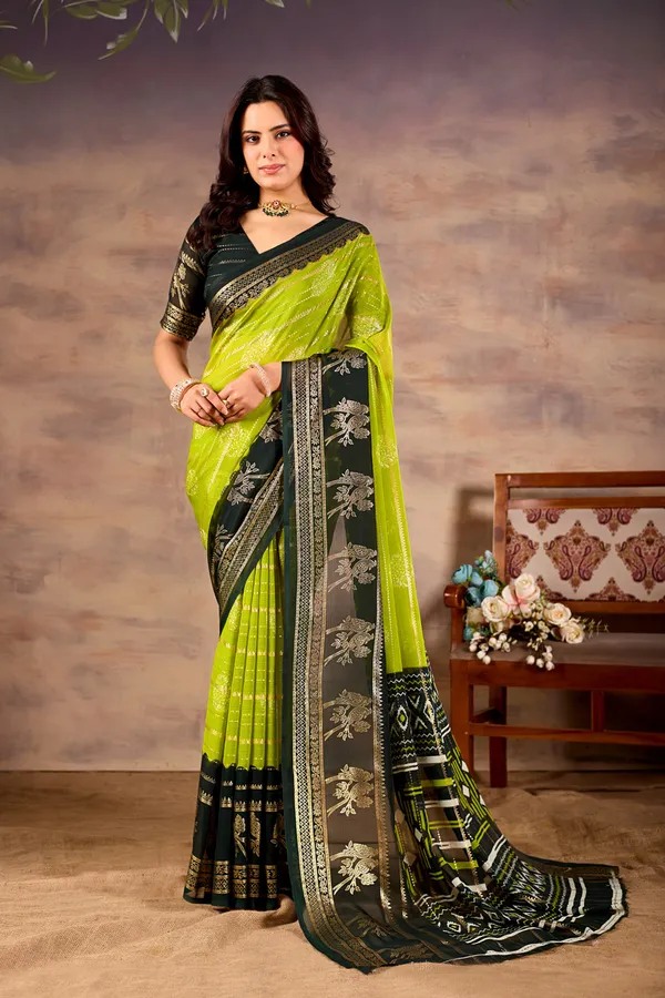 Lime_Green_With_Black_Pure_Georgette_Saree_For_Women