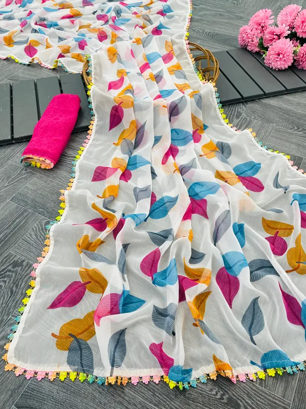 White_With_Multicolor_(Pink,_Orange,_Blue,_Grey)_Pure_Chiffon_Saree_For_Women