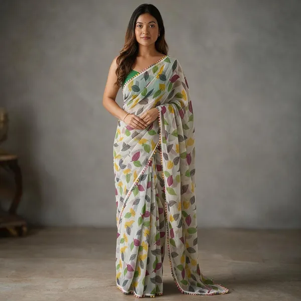 White_Multicolour_Pure_Chiffon_Saree_For_Women