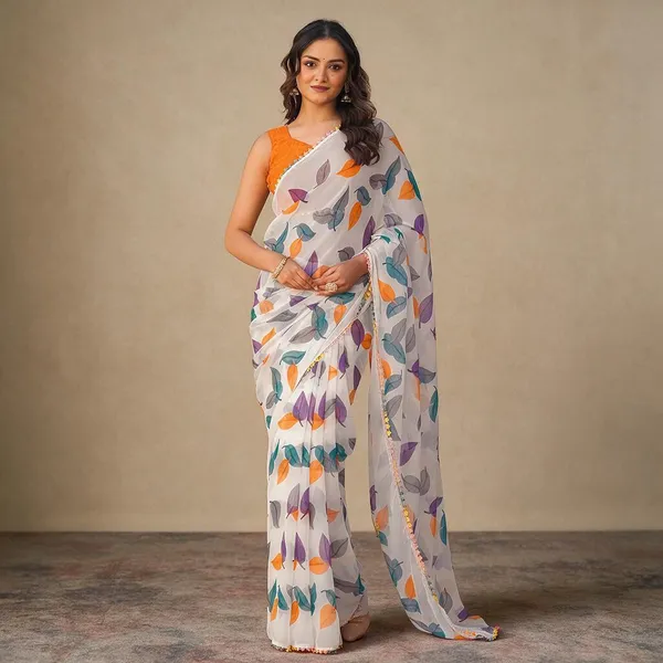 White_Multicolor_Pure_Chiffon_Saree_For_Women
