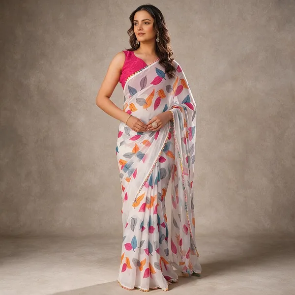 White_With_Multicolor_(Pink,_Orange,_Blue,_Grey)_Pure_Chiffon_Saree_For_Women