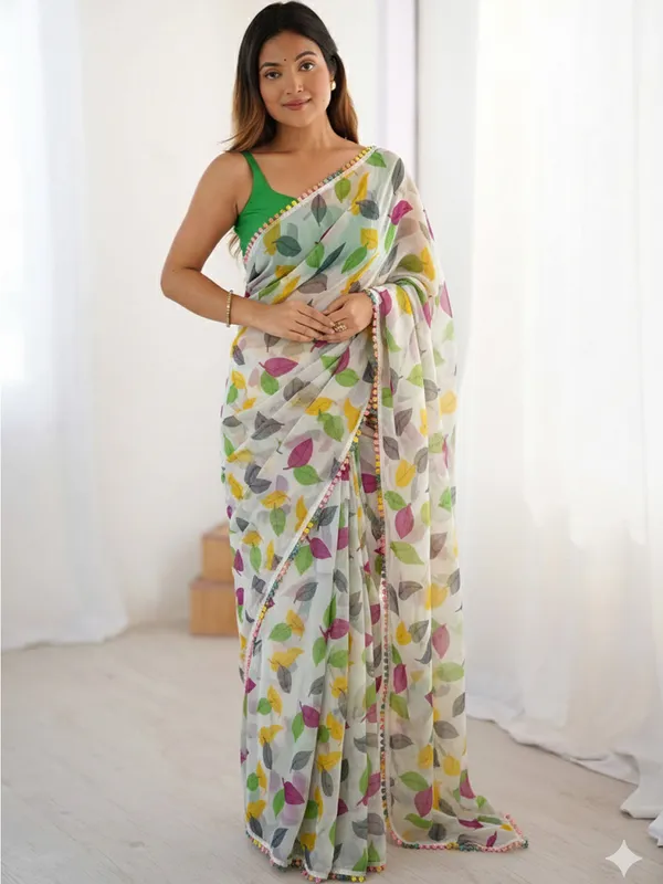 White_Multicolour_Pure_Chiffon_Saree_For_Women