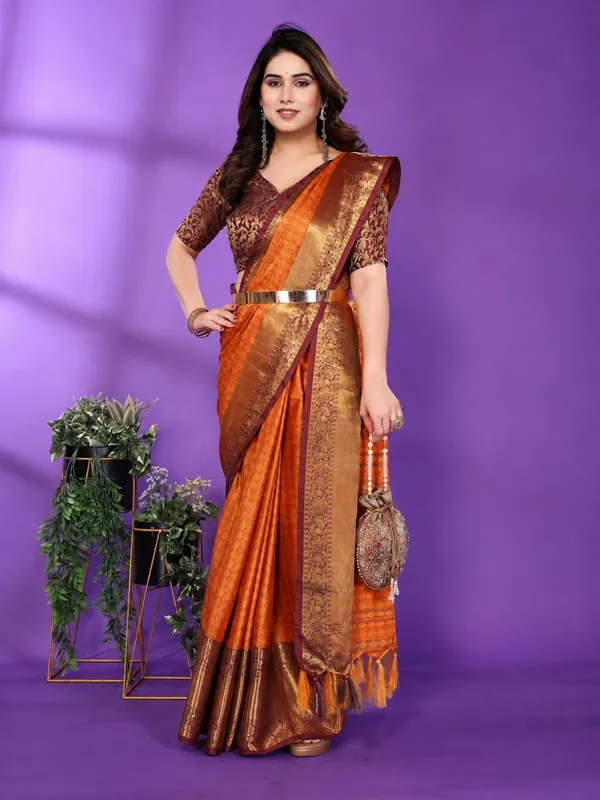 Orange_And_Brown_Silk_Cotton_Saree_For_Women