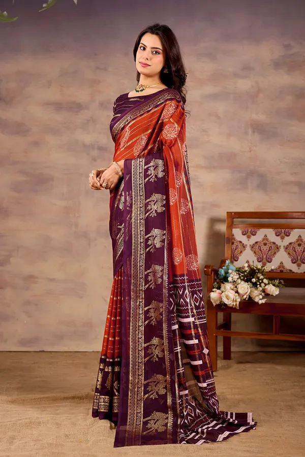 Purple_And_Orange_Pure_Georgette_Saree_For_Women