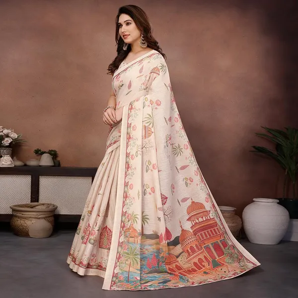 Cream_Silk_Blend_Saree_For_Women