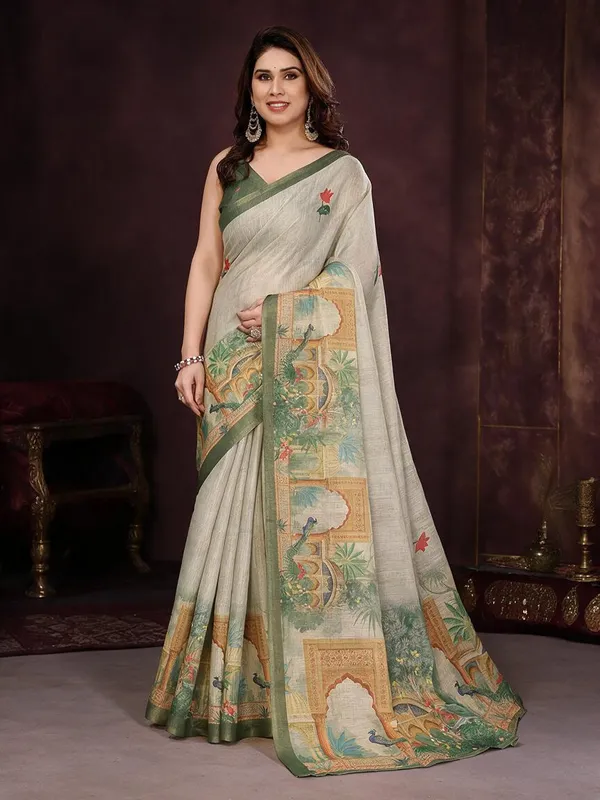 Beige_With_Green_Border_Silk_Blend_Saree_For_Women