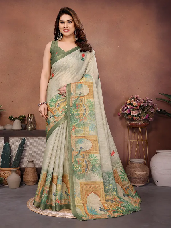Beige_With_Green_Border_Silk_Blend_Saree_For_Women