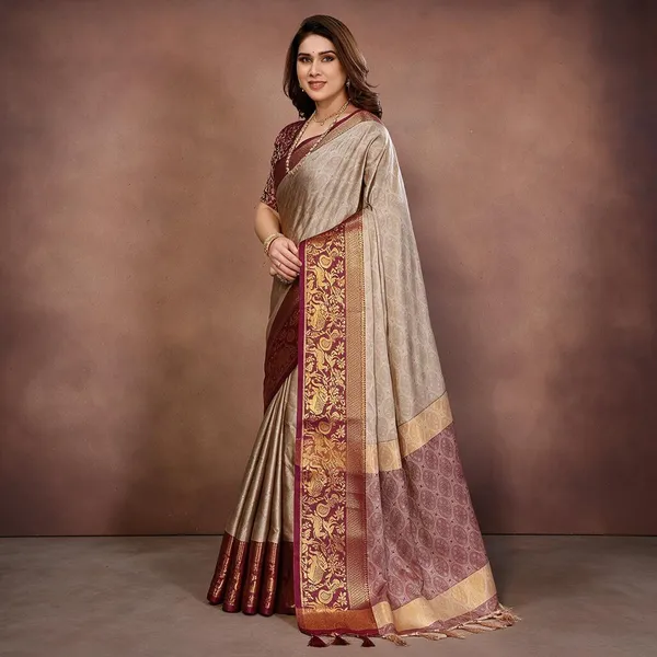 Beige_With_Maroon_And_Gold_Silk_Cotton_Saree_For_Women