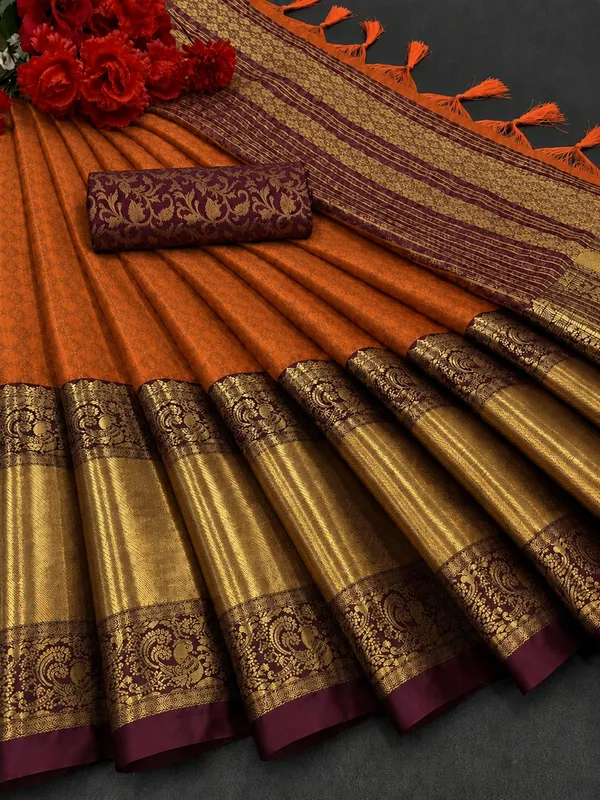 Orange_And_Brown_Silk_Cotton_Saree_For_Women