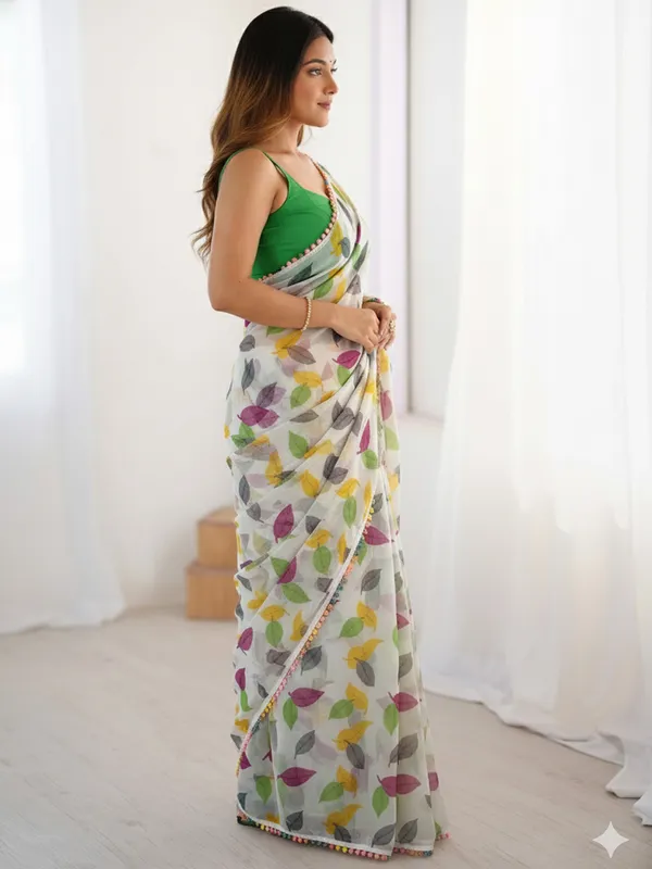 White_Multicolour_Pure_Chiffon_Saree_For_Women