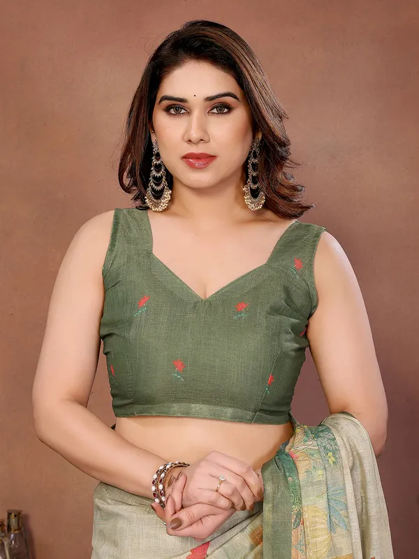 Beige_With_Green_Border_Silk_Blend_Saree_For_Women