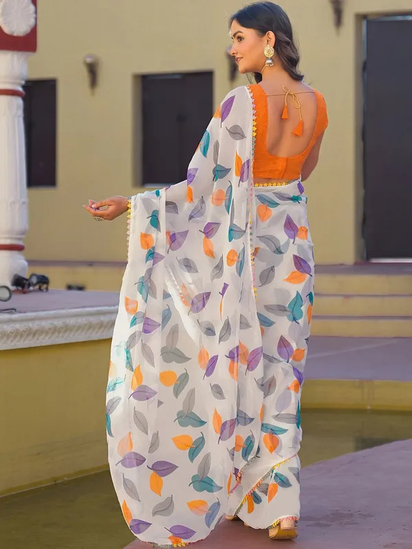 White_Multicolor_Pure_Chiffon_Saree_For_Women