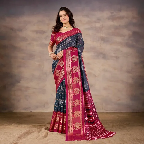 Multicolour_(Magenta_And_Navy)_Pure_Georgette_Saree_For_Women