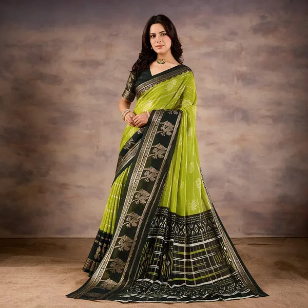 Lime_Green_With_Black_Pure_Georgette_Saree_For_Women