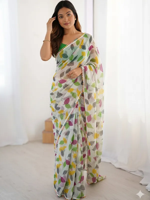 White_Multicolour_Pure_Chiffon_Saree_For_Women