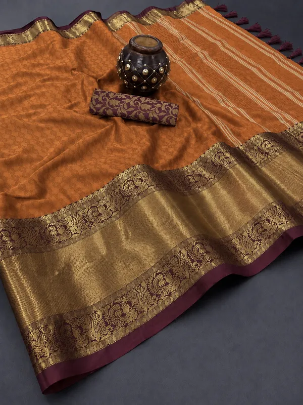Orange_And_Brown_Silk_Cotton_Saree_For_Women