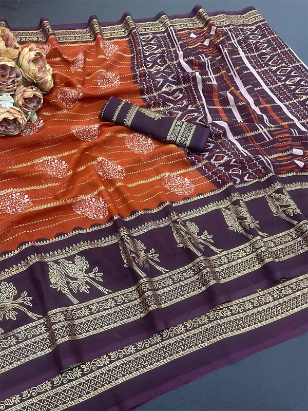 Purple_And_Orange_Pure_Georgette_Saree_For_Women