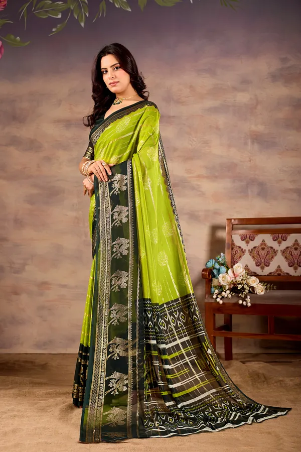 Lime_Green_With_Black_Pure_Georgette_Saree_For_Women
