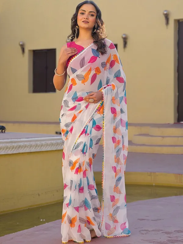 White_With_Multicolor_(Pink,_Orange,_Blue,_Grey)_Pure_Chiffon_Saree_For_Women