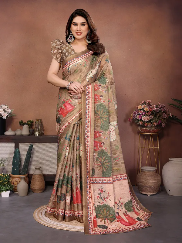 Beige_Silk_Blend_Saree_For_Women