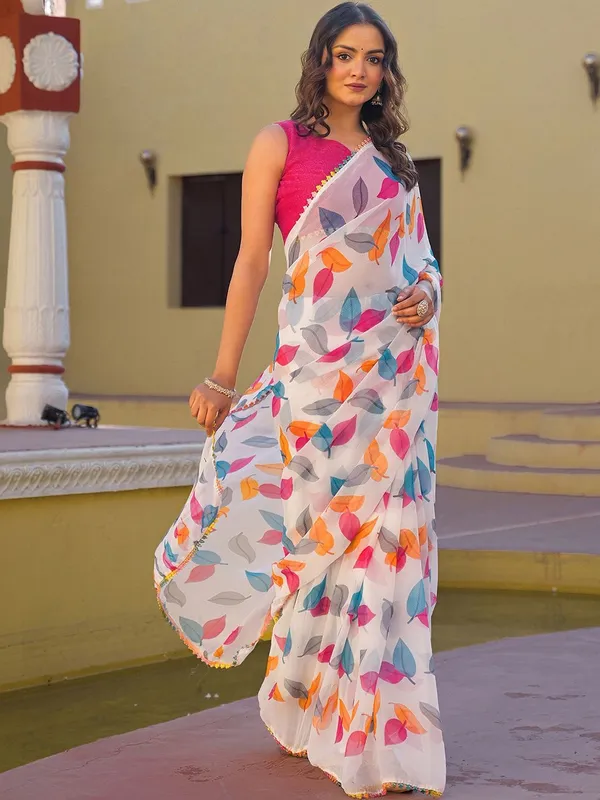 White_With_Multicolor_(Pink,_Orange,_Blue,_Grey)_Pure_Chiffon_Saree_For_Women