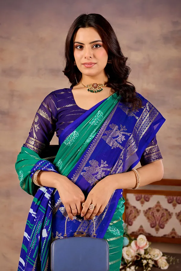 Blue_Green_Pure_Georgette_Saree_For_Women