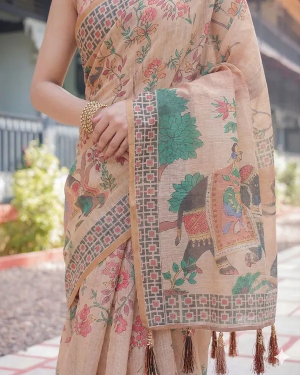 Beige_Linen_Saree_For_Women