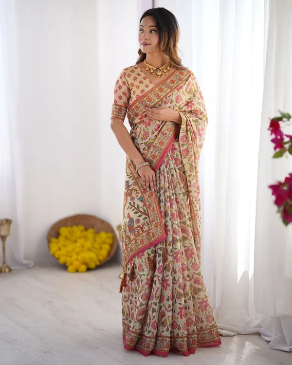 Cream_Linen_Saree_For_Women