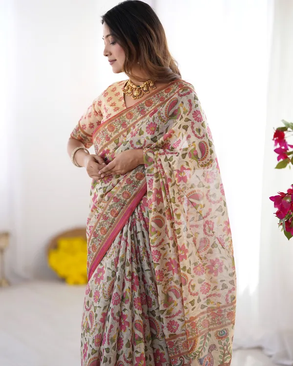 Cream_Linen_Saree_For_Women